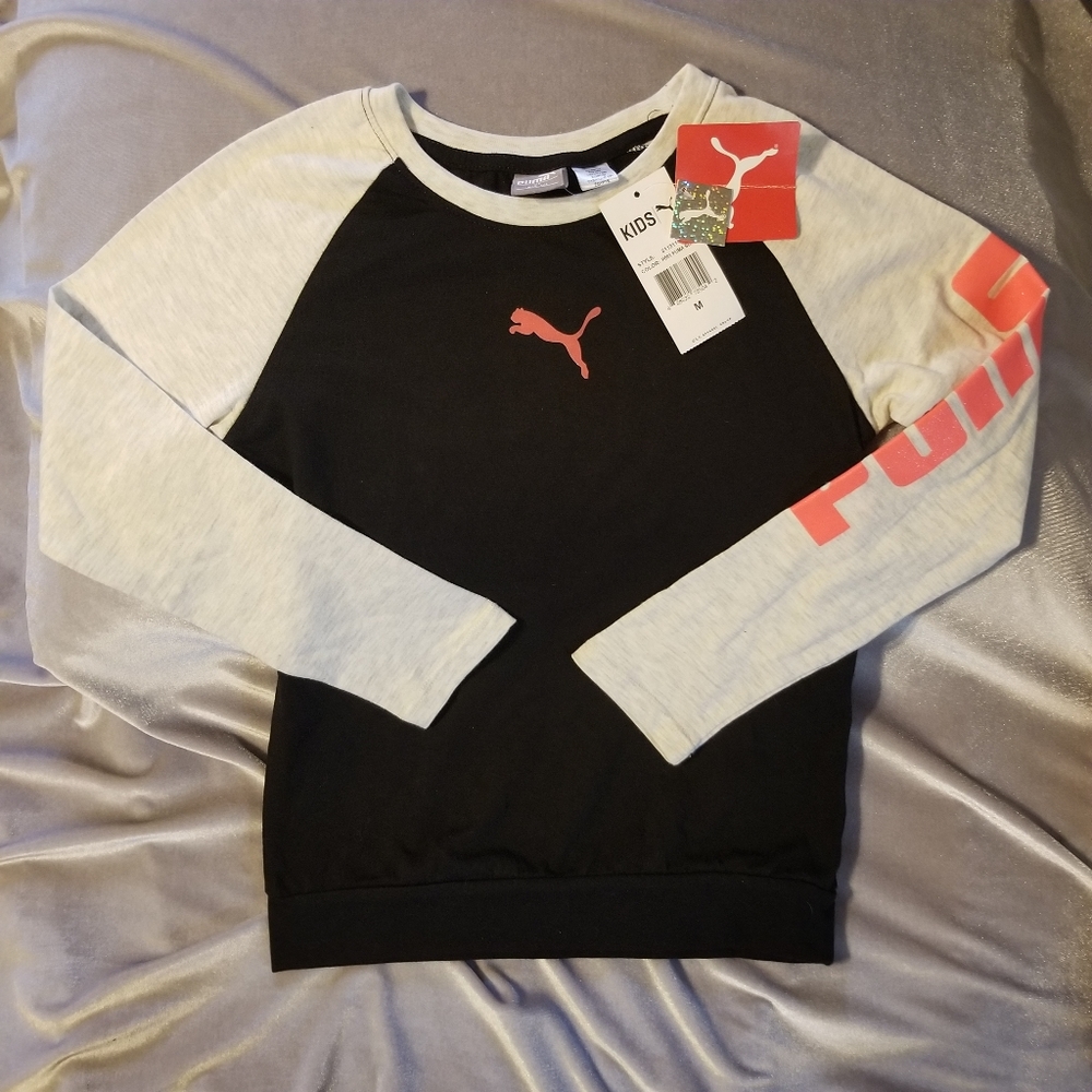 Puma Girl's Long Sleeve Shirt Black/Gray Top Logo Glitter NWT Kids MED 8/10